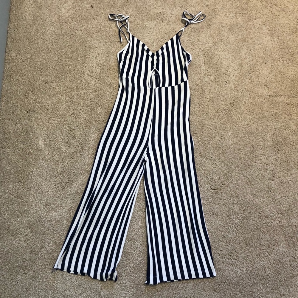 White and blue striped jumpsuit